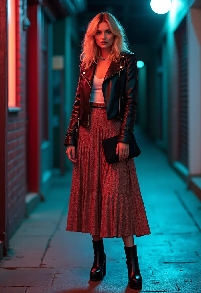 29 Trendy Zara Jacket Outfit To Refresh Your Closet - 20. Moto Jacket with Midi Skirt