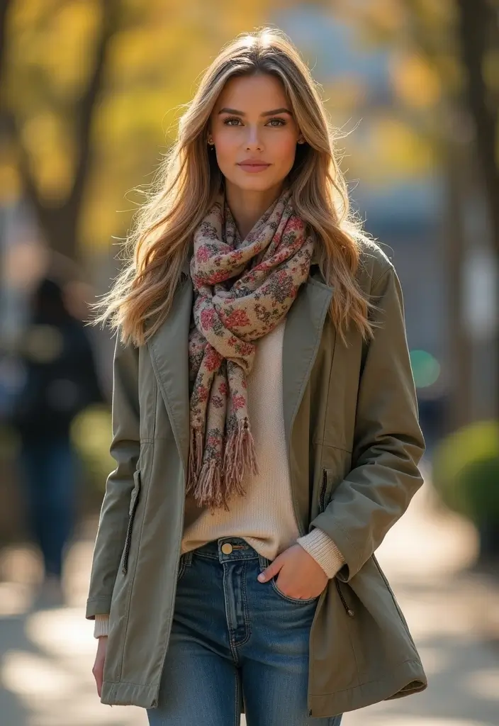 29 Trendy Zara Jacket Outfit To Refresh Your Closet - 21. Anorak with Printed Scarf
