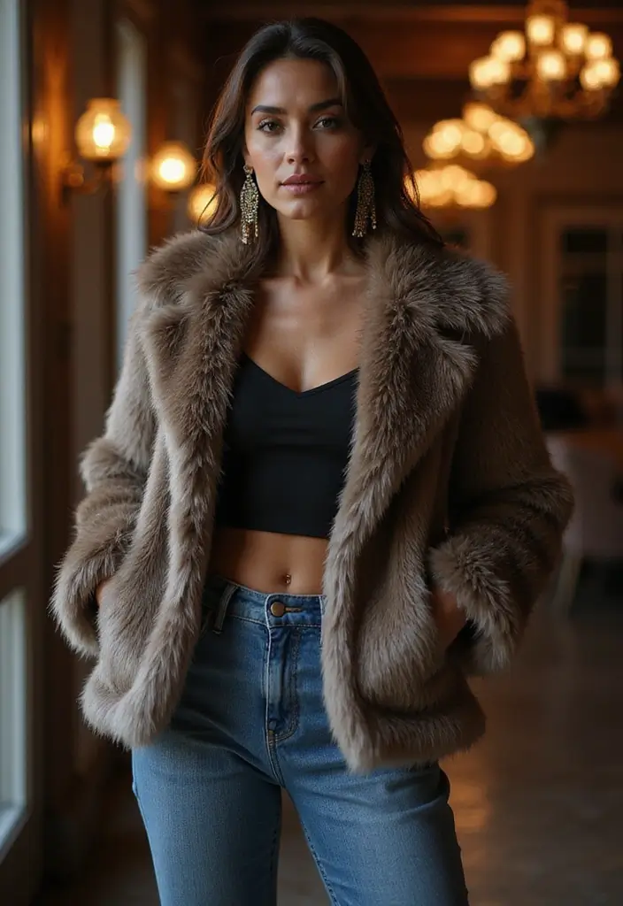 29 Trendy Zara Jacket Outfit To Refresh Your Closet - 27. Faux Fur Jacket with Casual Outfit