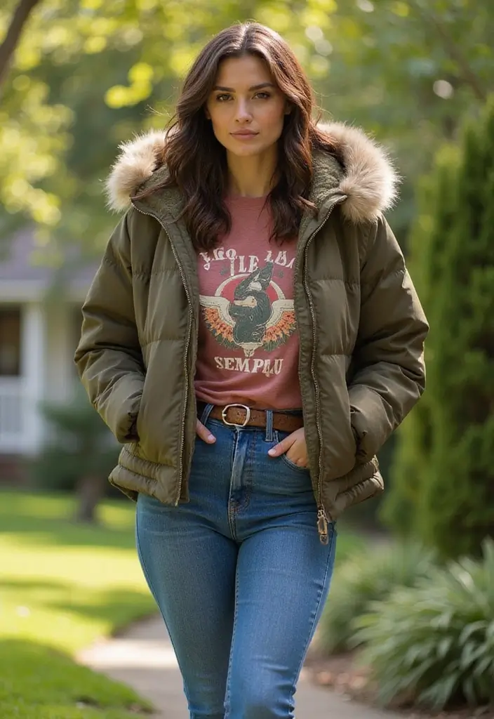 29 Trendy Zara Jacket Outfit To Refresh Your Closet - 3. Puffer Jacket with Vintage Band Tee