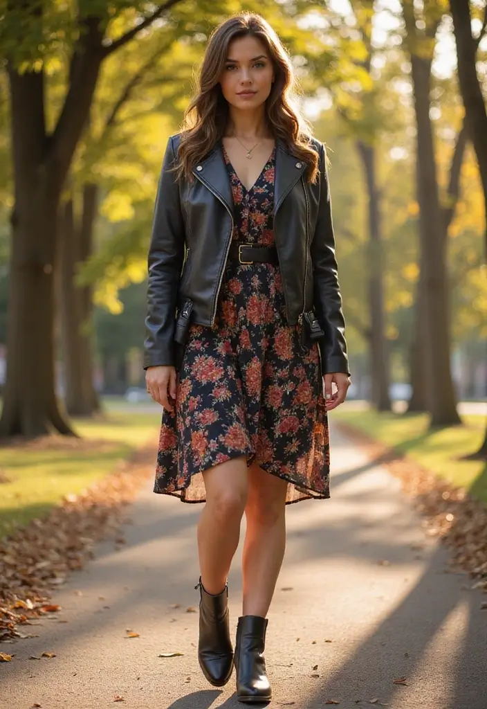 29 Trendy Zara Jacket Outfit To Refresh Your Closet - 4. Leather Jacket with Floral Dress