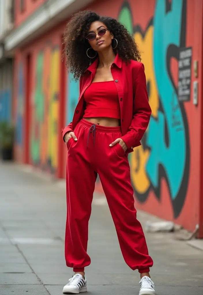 30 Fresh Outfit Con Top Rojo Ideas You Need To Try - 16. Street Style with Track Pants