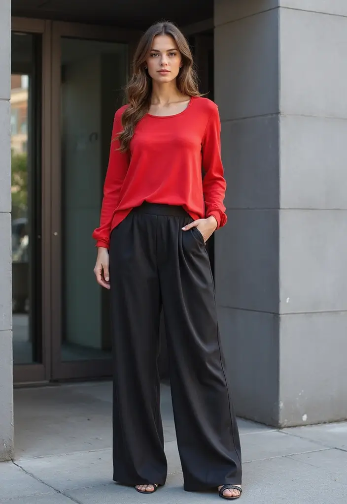 30 Fresh Outfit Con Top Rojo Ideas You Need To Try - 19. Contemporary with Palazzo Pants