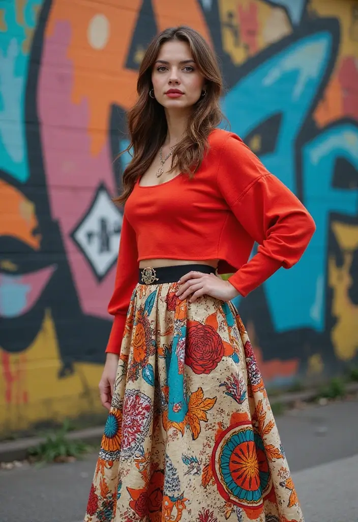 30 Fresh Outfit Con Top Rojo Ideas You Need To Try - 26. Artistic with a Graphic Skirt