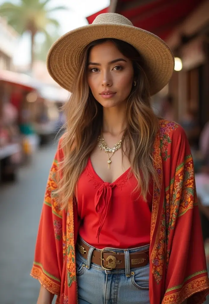 30 Fresh Outfit Con Top Rojo Ideas You Need To Try - 4. Layered Look with a Kimono