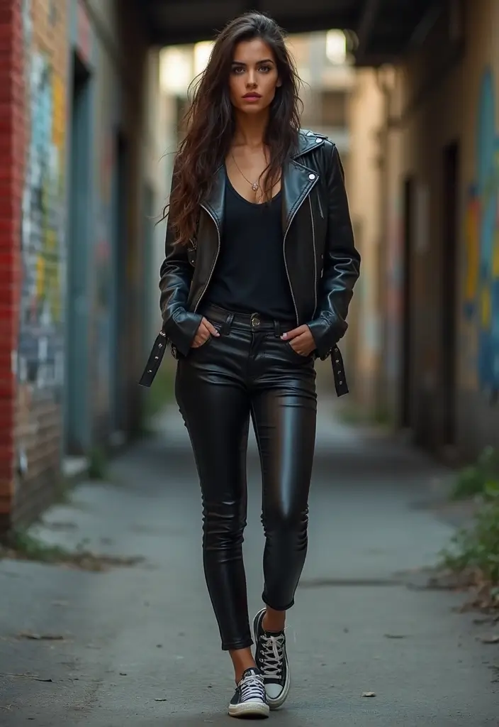 30 Outfit With Converse Inspirations For Real Life - 22. Edgy Style with Leather Pants