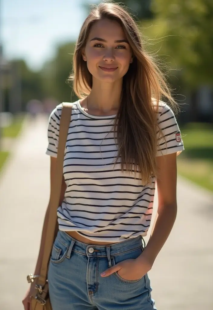 30 Trendy Middle School Outfits To Refresh Your Closet - 18. Casual Chic with Striped Top and Jeans