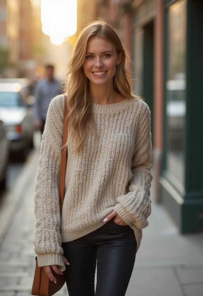 30 Trendy Middle School Outfits To Refresh Your Closet - 19. Cozy Knit Sweater with Leggings