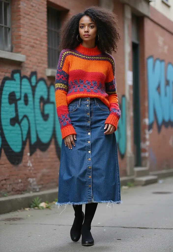 30 Trendy Middle School Outfits To Refresh Your Closet - 4. Upcycled Denim Skirt with a Bold Sweater