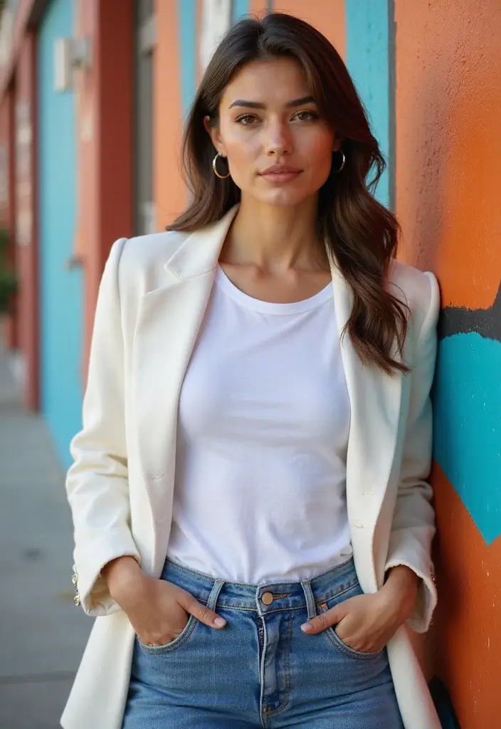 30 Trendy Straight Leg Jeans Outfit To Refresh Your Closet - 1. Classic White Tee & Blazer Combo