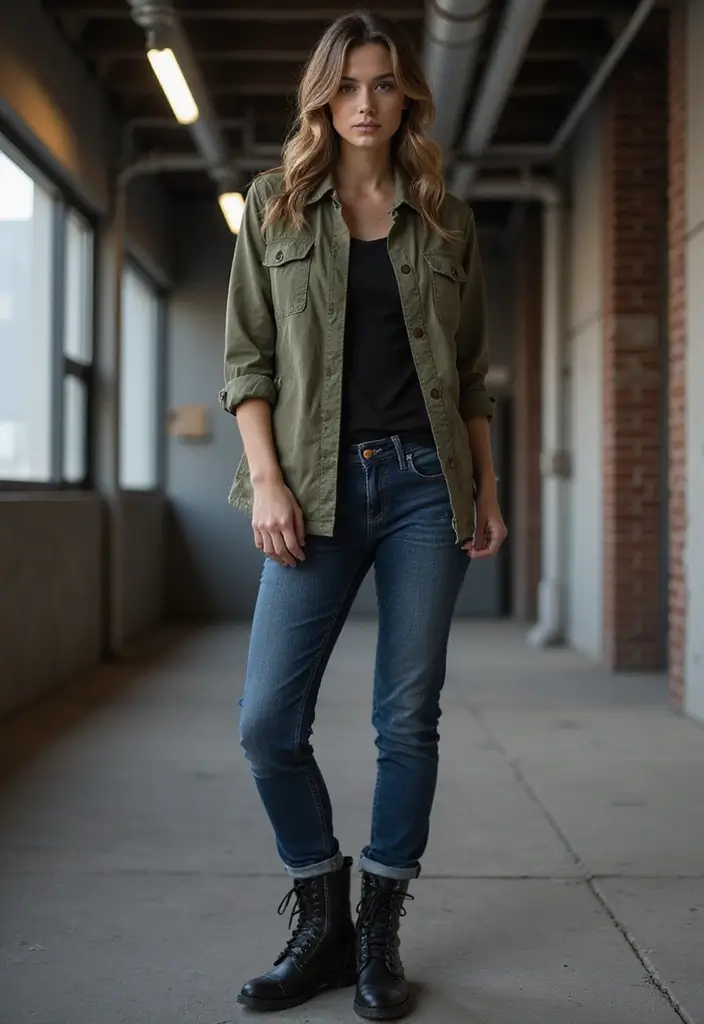 30 Trendy Straight Leg Jeans Outfit To Refresh Your Closet - 10. Utility Jacket & Combat Boots