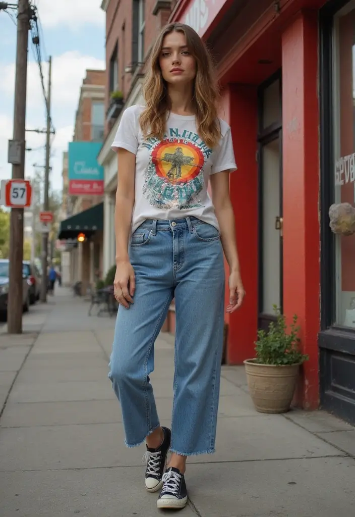 30 Trendy Straight Leg Jeans Outfit To Refresh Your Closet - 11. Vintage Band Tee & High Tops