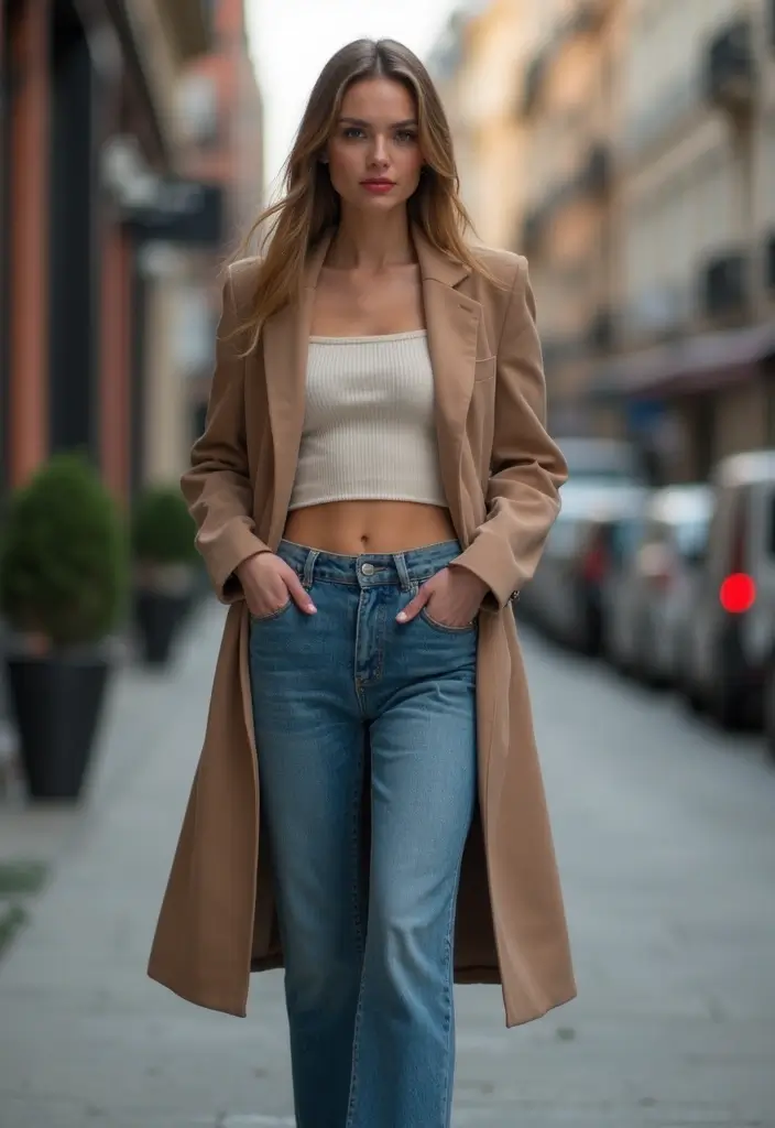 30 Trendy Straight Leg Jeans Outfit To Refresh Your Closet - 13. Crop Top & Long Coat