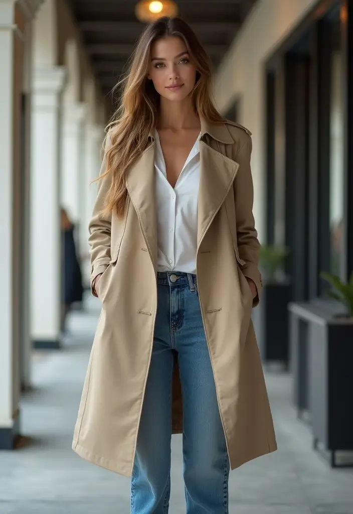 30 Trendy Straight Leg Jeans Outfit To Refresh Your Closet - 18. Lightweight Trench & Brogues