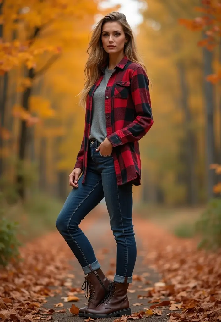 30 Trendy Straight Leg Jeans Outfit To Refresh Your Closet - 22. Flannel Shirt & Combat Boots