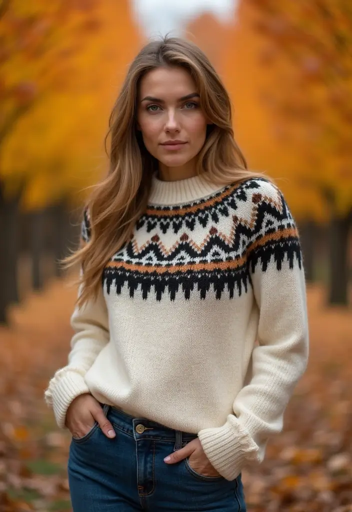 30 Trendy Straight Leg Jeans Outfit To Refresh Your Closet - 26. Classic Fair Isle Sweater & Boots