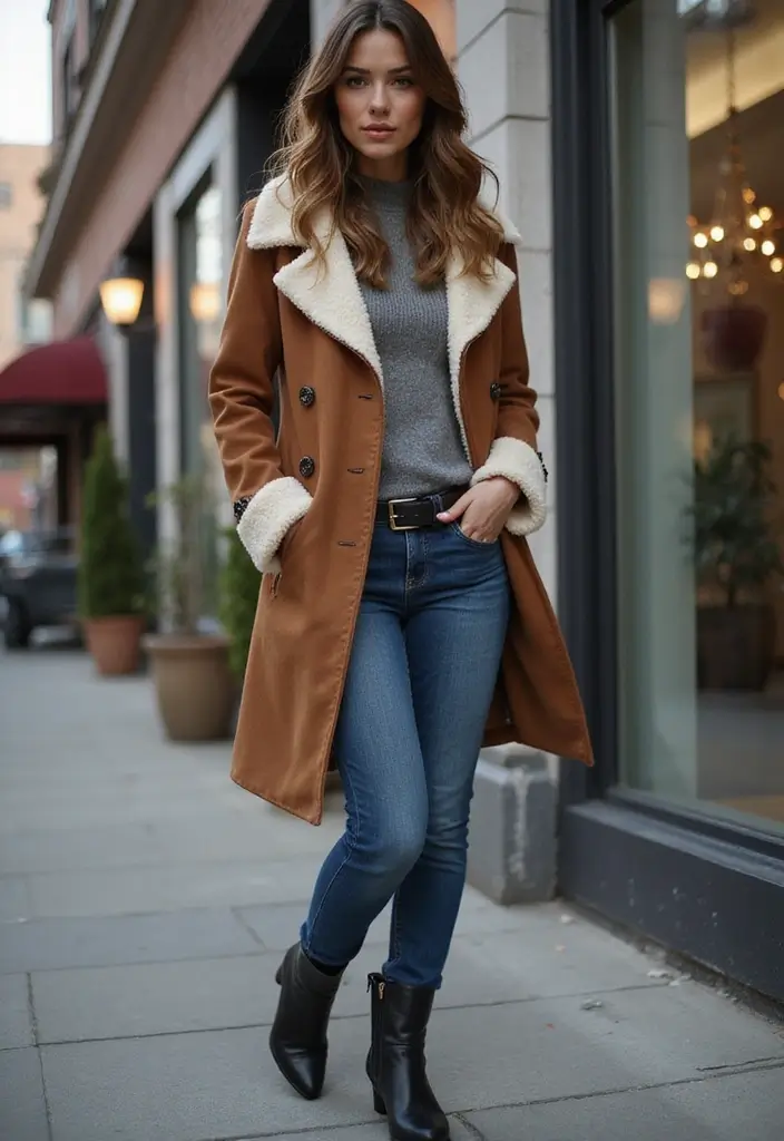 30 Trendy Straight Leg Jeans Outfit To Refresh Your Closet - 27. Chic Shearling Jacket & Ankle Boots
