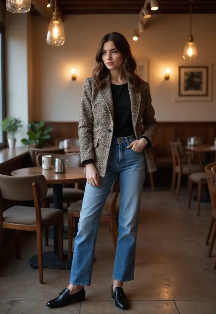 30 Trendy Straight Leg Jeans Outfit To Refresh Your Closet - 29. Tweed Jacket & Brogues