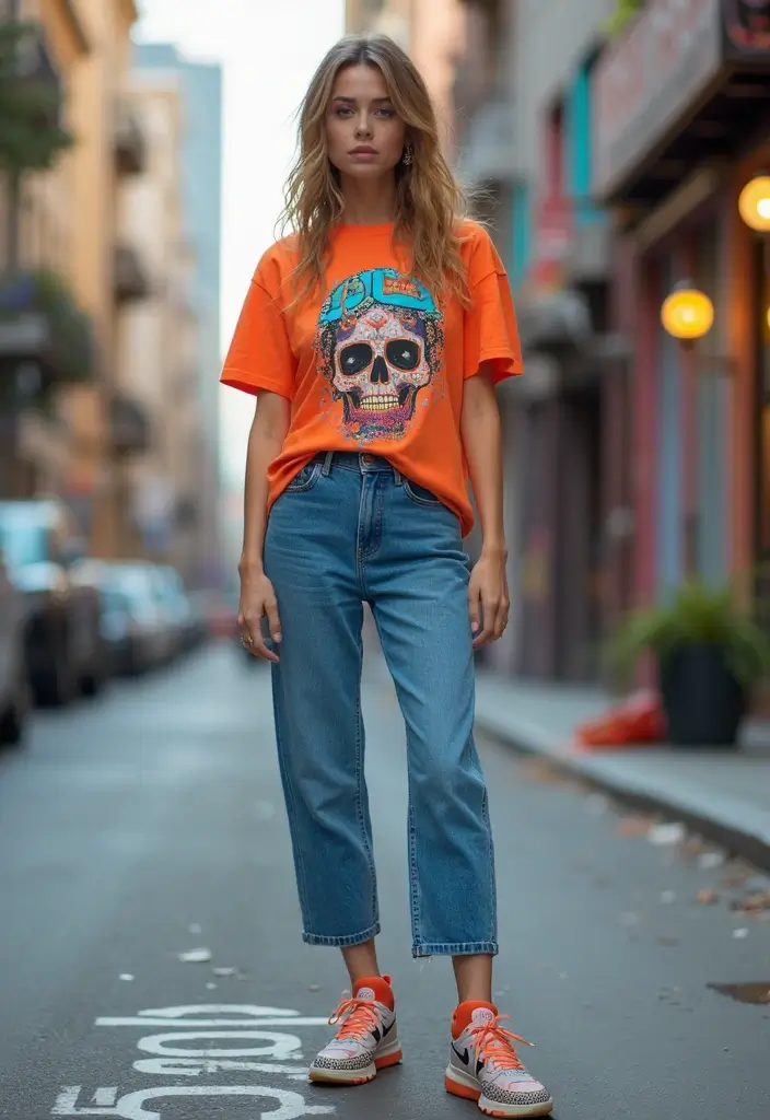 30 Trendy Straight Leg Jeans Outfit To Refresh Your Closet - 5. Graphic Tee & Statement Sneakers