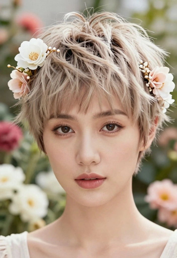 15 Wedding Guest Hairstyles for Short Hair Ideas Polished Chic - 1. Textured Pixie with Floral Hairpins 1