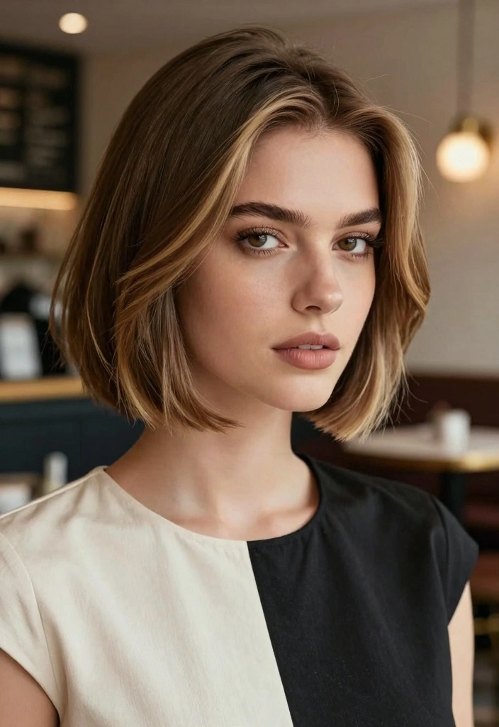 16 Chic Short Brown Hair with Highlights Ideas for Busy Moms - 6. Golden Blonde Lowlights 1
