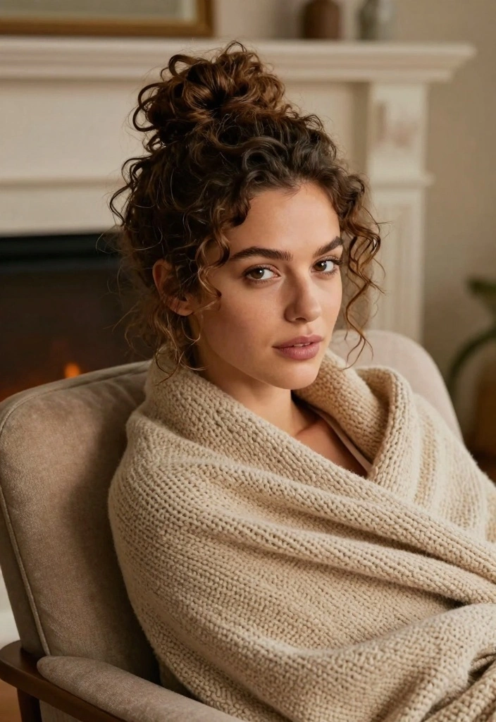 16 Winter Short Hair Ideas: Sleek Cozy Cuts for Curly Textures - 15. Messy Curly Bun 1