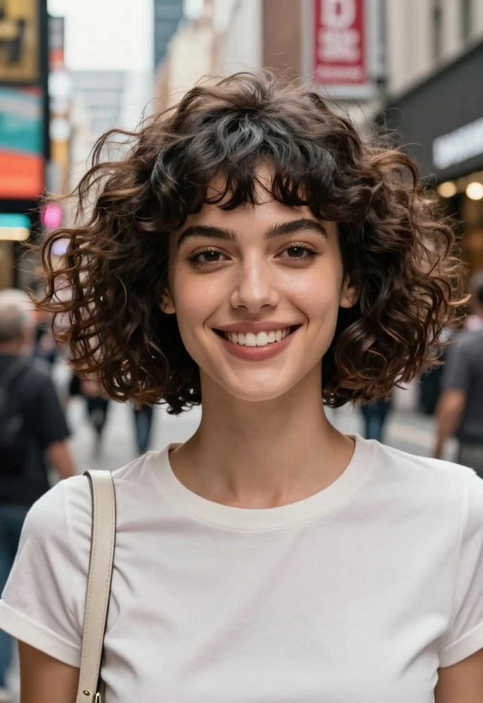17 Short Layered Hair With Bangs Ideas For A Youthful Shape - 2. Curly Bob With Blunt Fringe 1