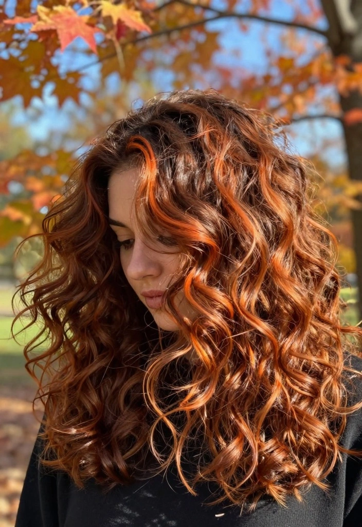 17 True Autumn Hair Color Ideas for Curly Hair Types - 2. Burnt Orange Highlights 1