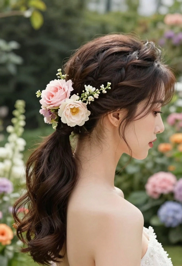 17 Wedding Hairstyles for Long Hair Ideas Romantic Glam - 14. Bridal Ponytail with Flowers 1