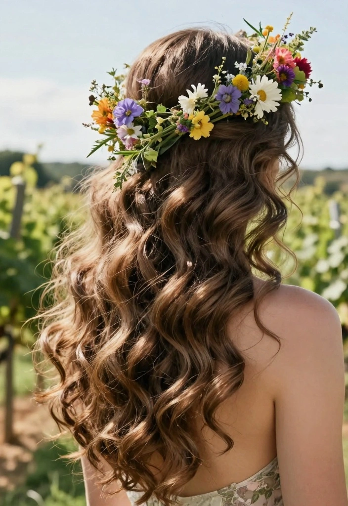17 Wedding Hairstyles for Long Hair Ideas Romantic Glam - 4. Floral Crown with Loose Curls 1