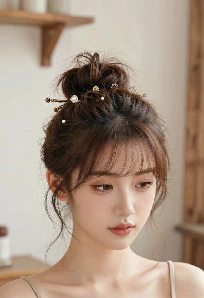 17 Wedding Hairstyles for Long Hair Ideas Romantic Glam - 6. Messy Bun with Decorative Pins 1