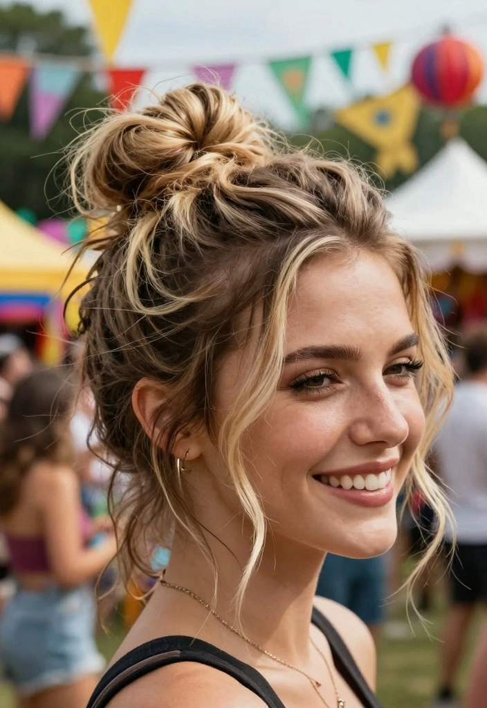 18 Short Blonde Hair Ideas for a Fresh, Bright Style - 7. Messy Bun with Blonde Highlights 1
