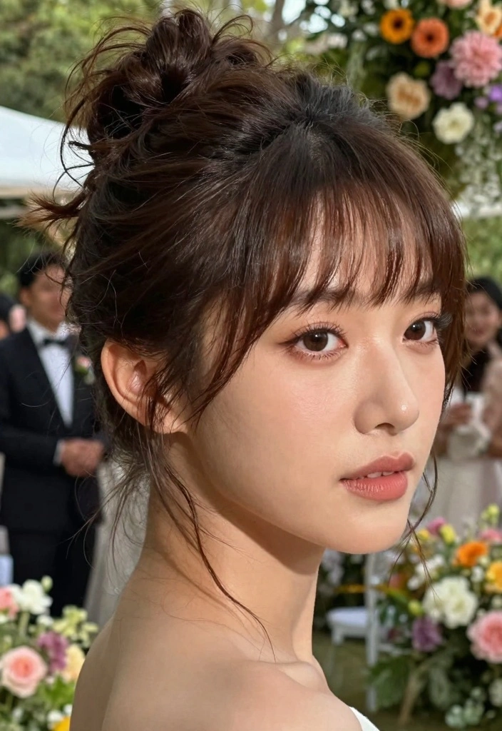 18 Short Hair Wedding Styles Ideas: Chic Bridal Looks - 14. Messy Bun with Short Layers 1