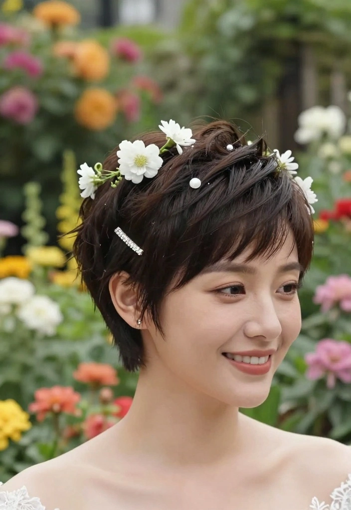 18 Short Hair Wedding Styles Ideas: Chic Bridal Looks - 3. Chic Pixie Cut with Floral Accents 1