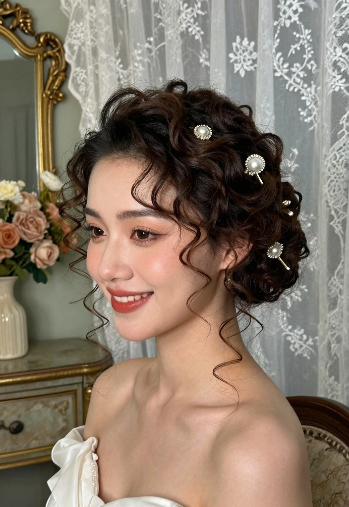 18 Short Hair Wedding Styles Ideas: Chic Bridal Looks - 7. Curly Updo with Vintage Hairpins 1
