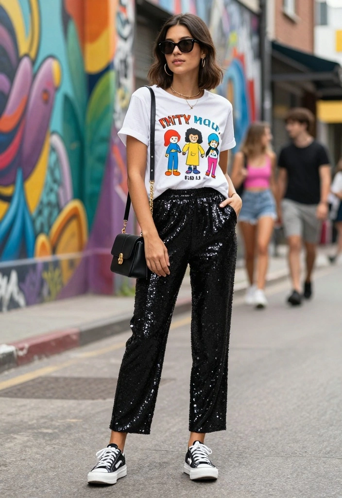 14 Black Sequin Pants Outfit Ideas For Women With Glam Shine - 1. Casual Chic with a Graphic Tee 1