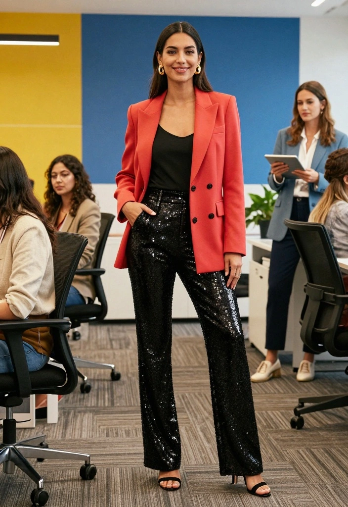 14 Black Sequin Pants Outfit Ideas For Women With Glam Shine - 12. Bold and Beautiful with a Bright Blazer 1