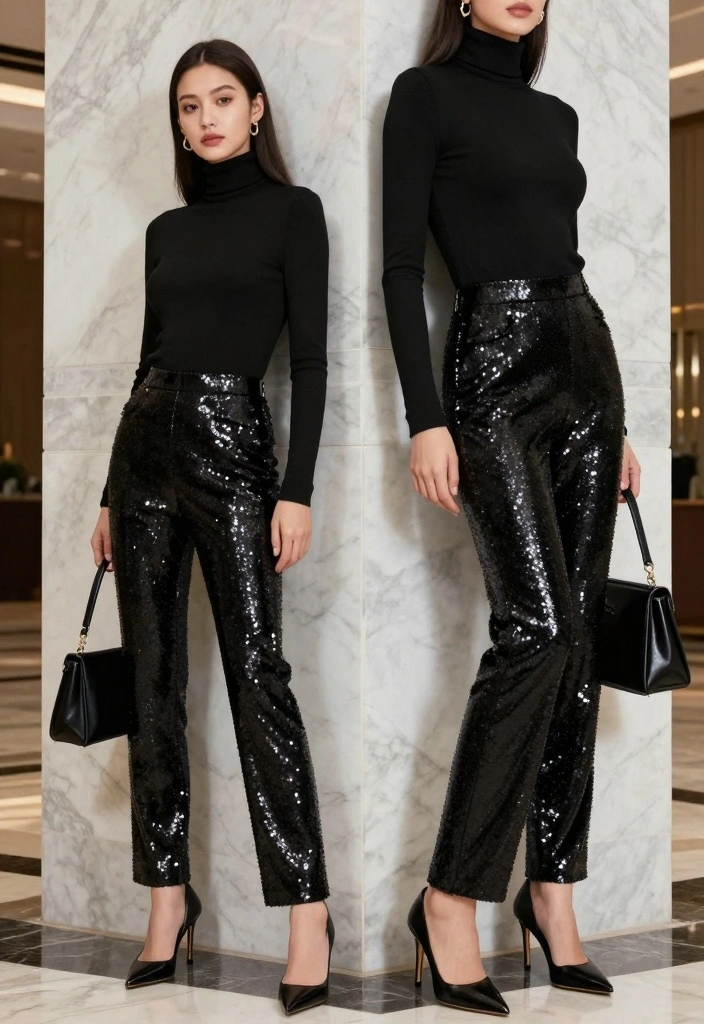 14 Black Sequin Pants Outfit Ideas For Women With Glam Shine - 6. Monochrome Magic with a Black Turtleneck 1