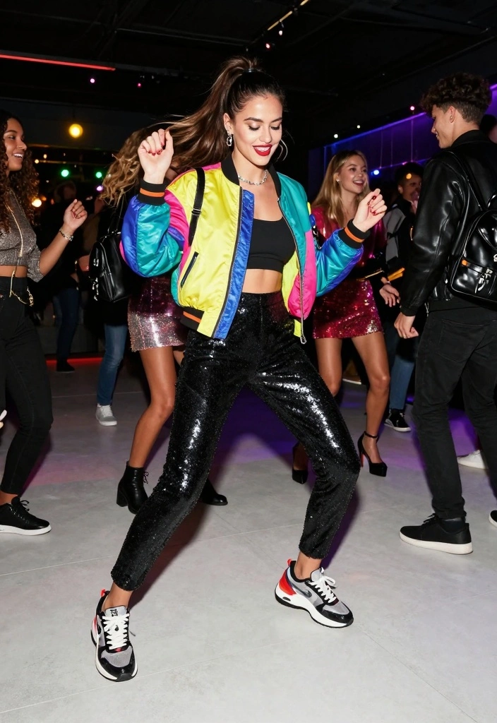 14 Black Sequin Pants Outfit Ideas For Women With Glam Shine - 9. Sporty Glam with a Bomber Jacket 1