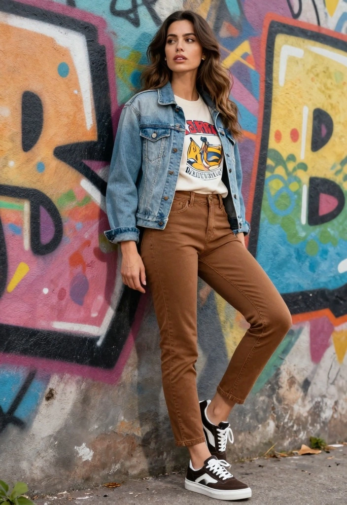 14 Brown Jeans Outfit Aesthetic Ideas For Women - 3. Denim Jacket and Brown Jeans Combo 1