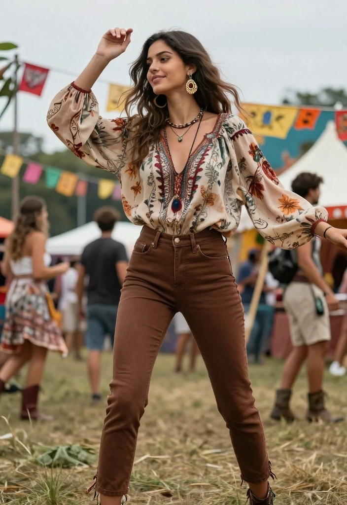 14 Brown Jeans Outfit Aesthetic Ideas For Women - 5. Boho Blouse with Brown Jeans 1