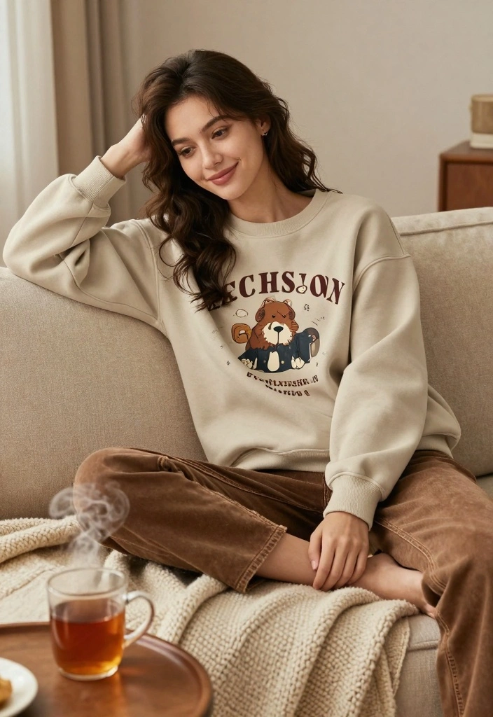 14 Brown Jeans Outfit Aesthetic Ideas For Women - 6. Graphic Sweatshirt with Brown Jeans 1