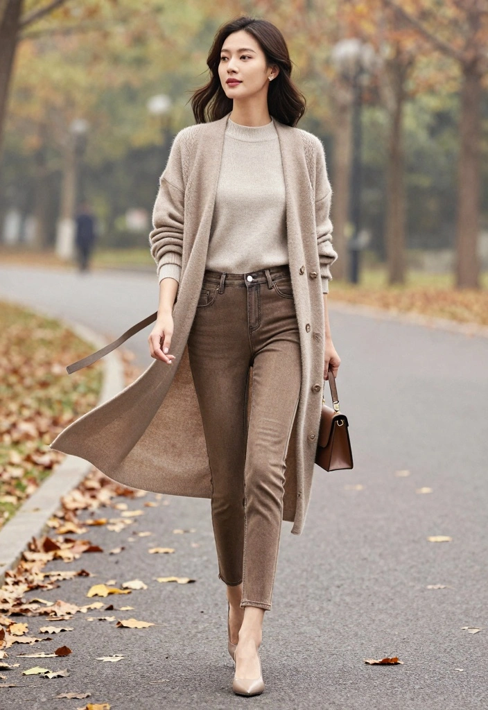 14 Brown Jeans Outfit Aesthetic Ideas For Women - 7. Long Cardigan with Brown Jeans 1