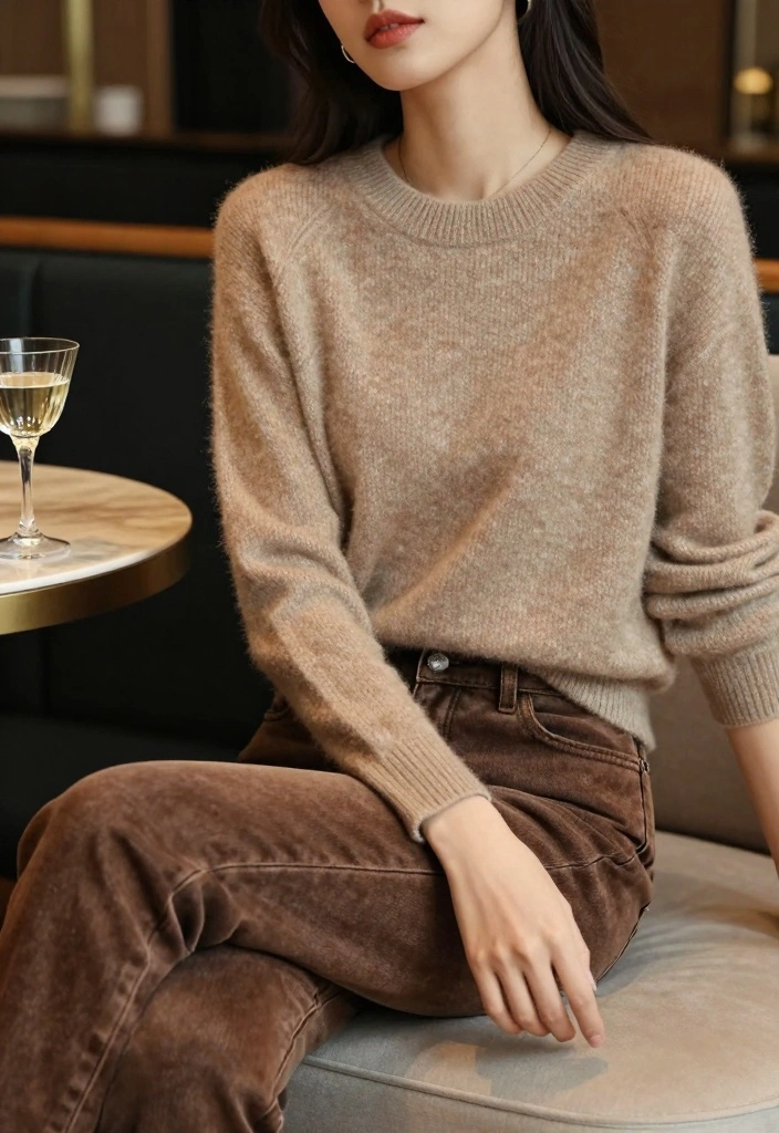 14 Brown Jeans Outfit Aesthetic Ideas For Women - 9. Luxurious Cashmere Sweater with Brown Jeans 1