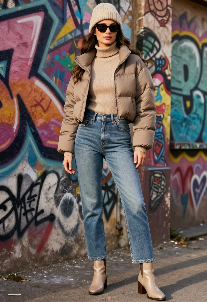14 Cropped Puffer Jacket Outfit Ideas For Women For Cold Days - 1. Layering with Turtlenecks 1