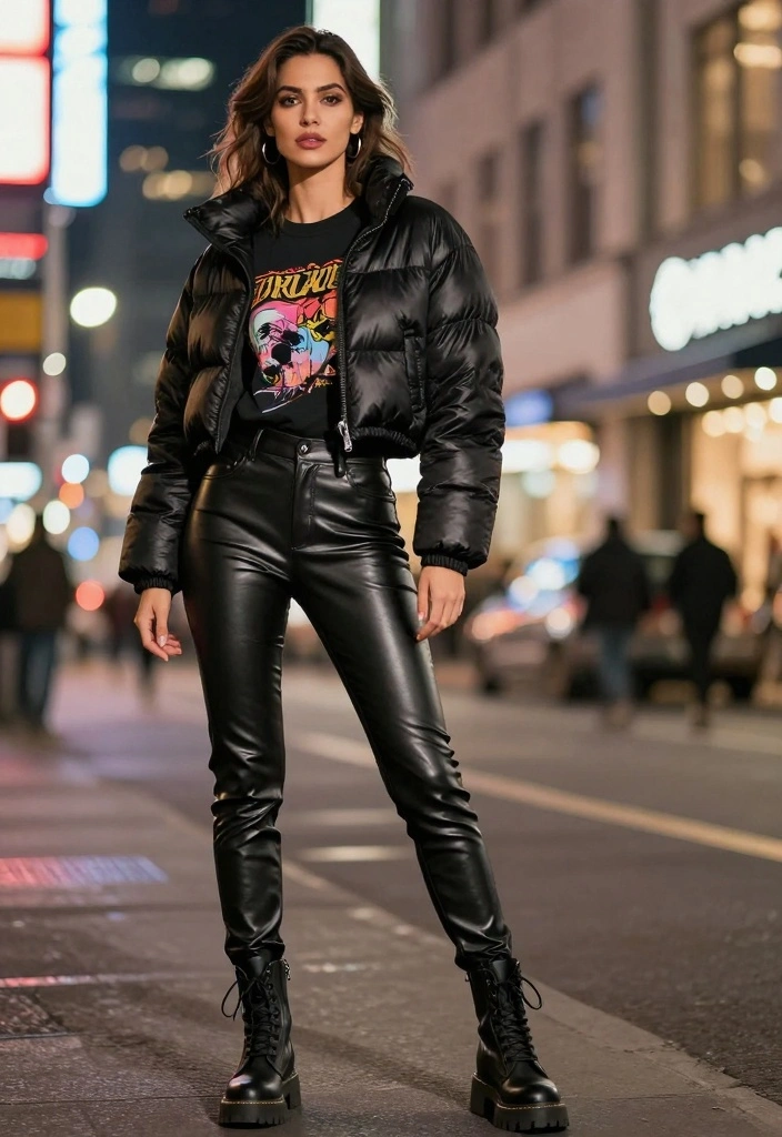 14 Cropped Puffer Jacket Outfit Ideas For Women For Cold Days - 10. Edgy Style with Leather 1
