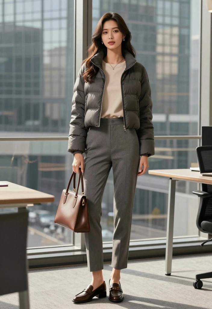 14 Cropped Puffer Jacket Outfit Ideas For Women For Cold Days - 11. Casual Elegance with Tailored Pants 1