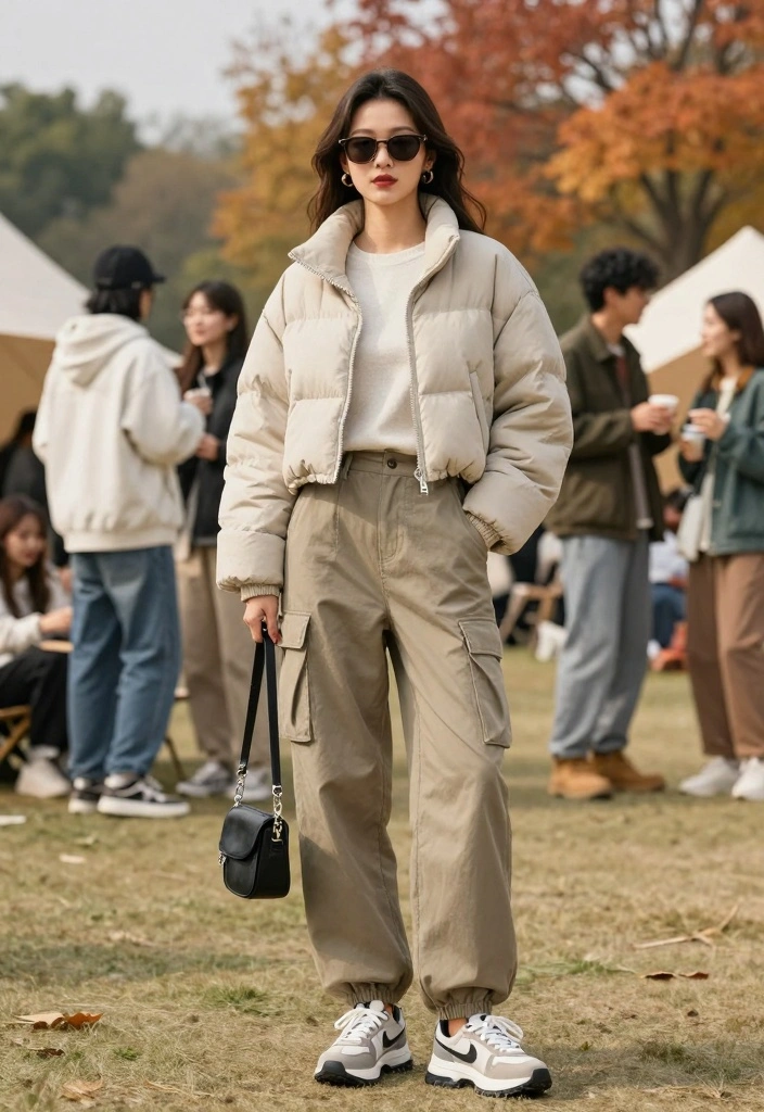 14 Cropped Puffer Jacket Outfit Ideas For Women For Cold Days - 12. Weekend Casual with Cargo Pants 1