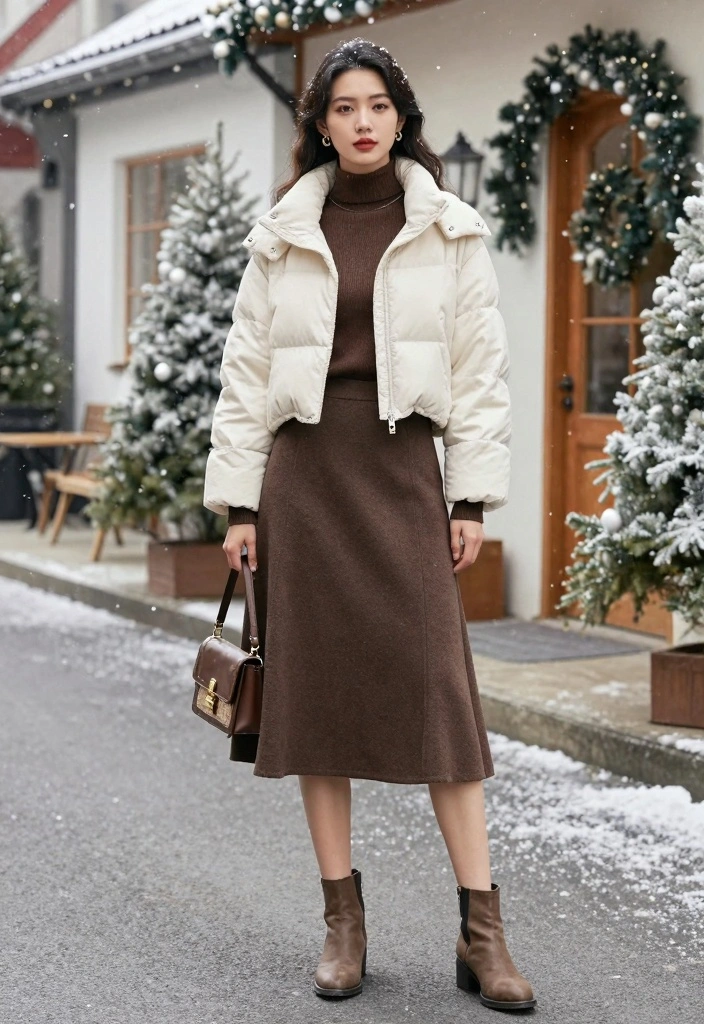 14 Cropped Puffer Jacket Outfit Ideas For Women For Cold Days - 13. Vintage Vibes with High-Waisted Skirts 1