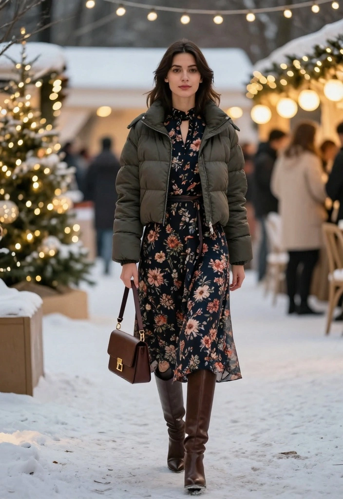 14 Cropped Puffer Jacket Outfit Ideas For Women For Cold Days - 5. Feminine Touch with Midi Dresses 1